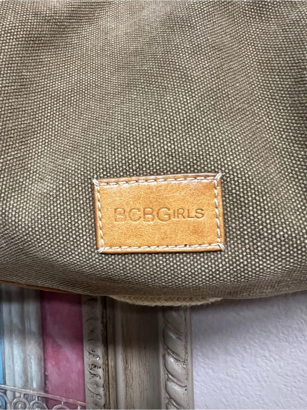 BCBGirls Olive Canvas Hobo with Tan Leather Trim